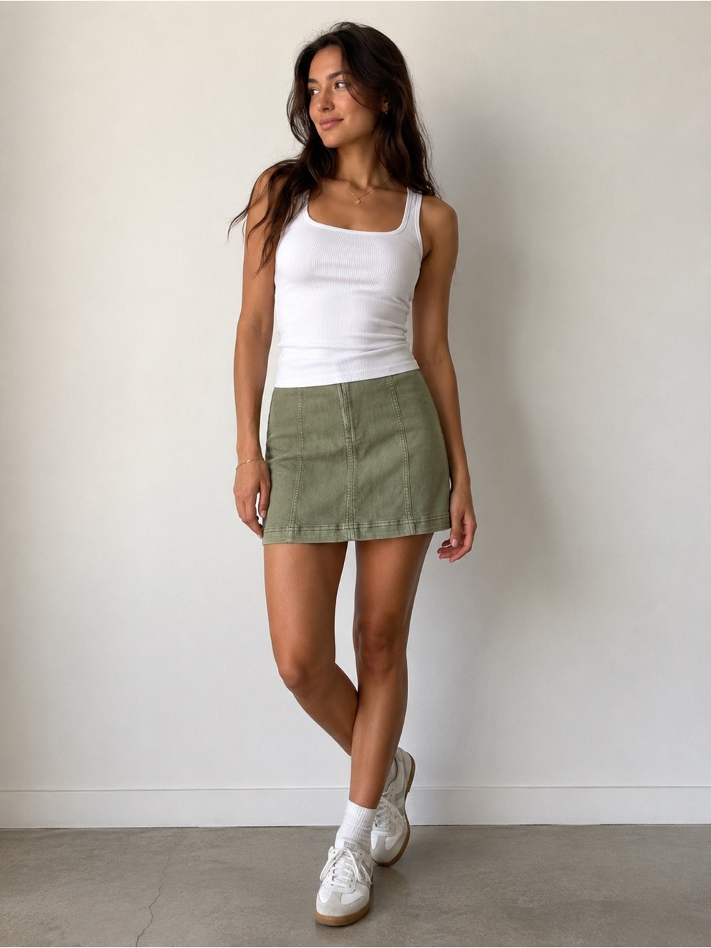Free People Sage Green Panelled Mini Skirt with Stretch, Y2K- size 6